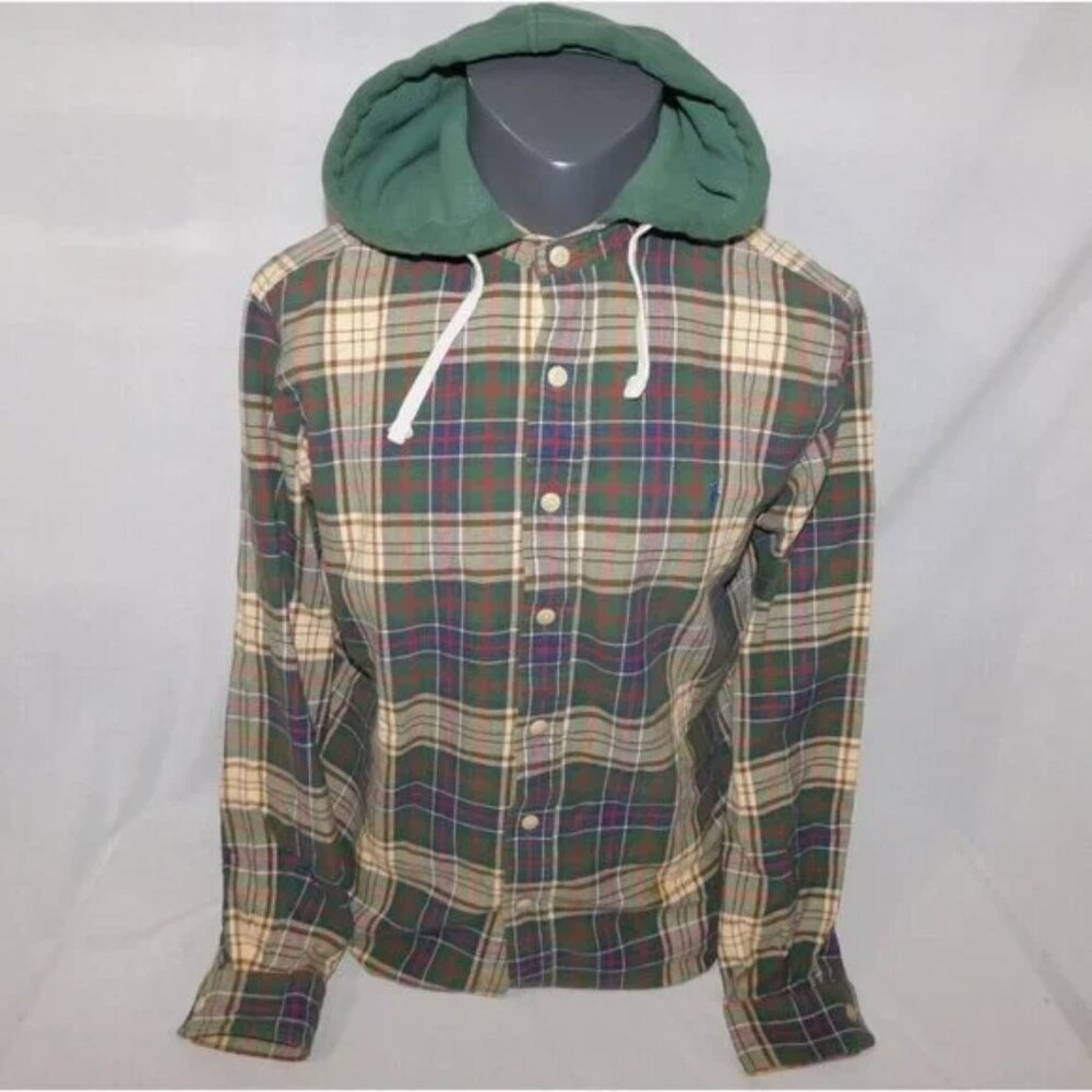 MENS MEDIUM Polo Ralph Lauren Green Plaid RL Heritage Flannel Shirt Hood *READ*